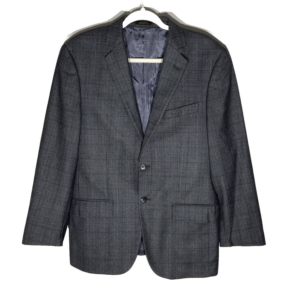 Napoli Wool Blazer Windowpane Plaid Suit Jacket 39R Gray Lined Notch Sports Coat